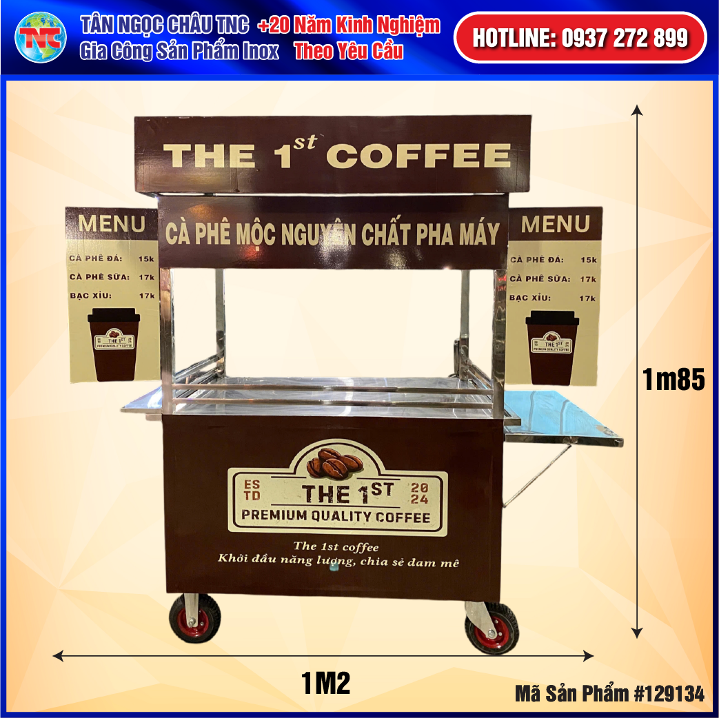 Mẫu Xe Bán Cà Phê Decal Nâu Sang Trọng 1m2 Hàng Inox Dày Gia Cố Chịu Tải 200KG